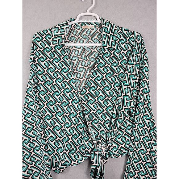 INTEMPO Green Geometric LS Tie Front Wrap Blouse Women's Plus 3X - Picture 2 of 12